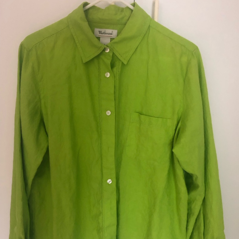 Women’s Lime Green Linen Button-Up Collared Long Sleeve Embroidered Shirt L